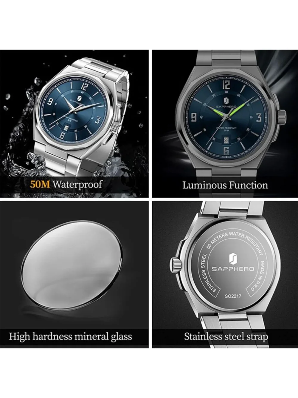 Men's Silver/Blue Numeral Dial Stainless Steel Strap Analog Quartz Wrist Watch